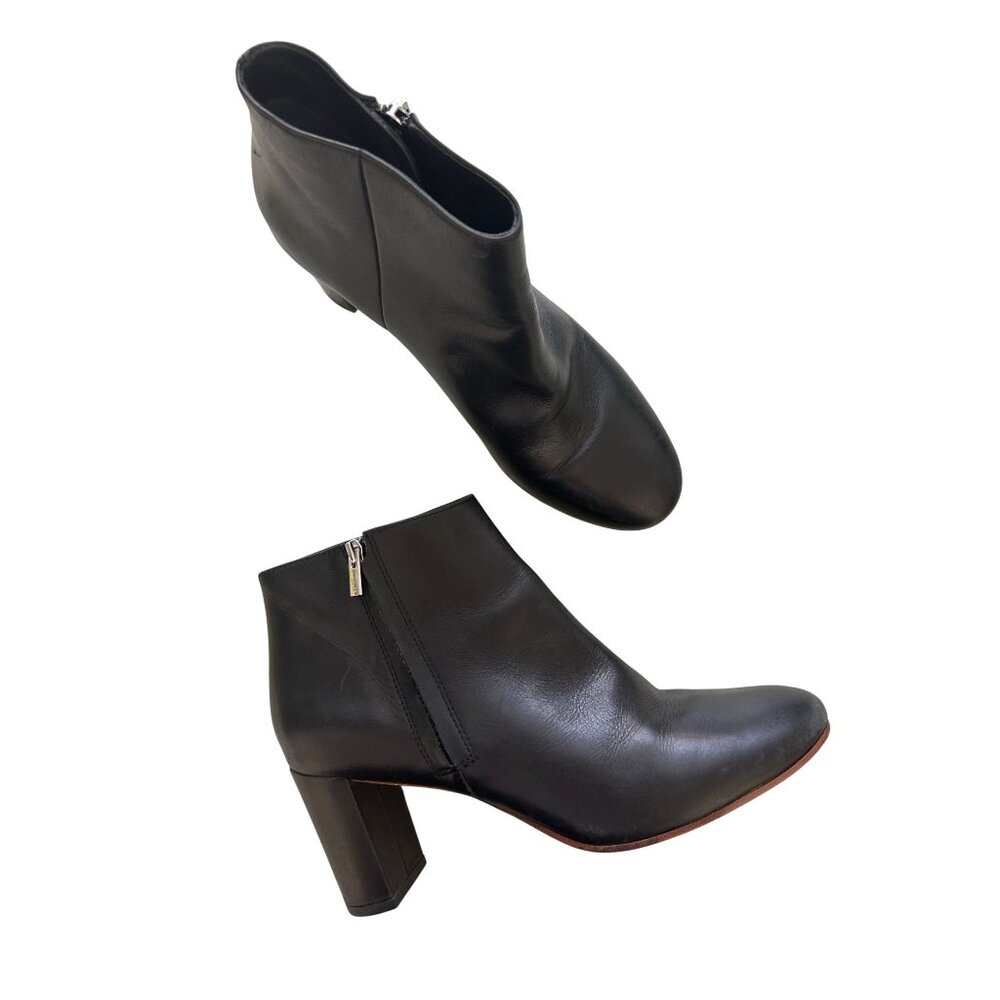 Loeffler Randall Women's Sz 7 Black Leather Ankle Boots Stacked Heel & Side Zip